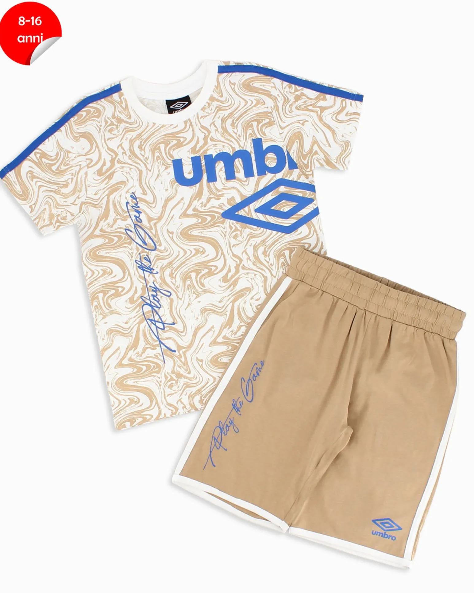 UMBRO - Completo mezza manica ragazzo 8-16 anni beige e blu in cotone