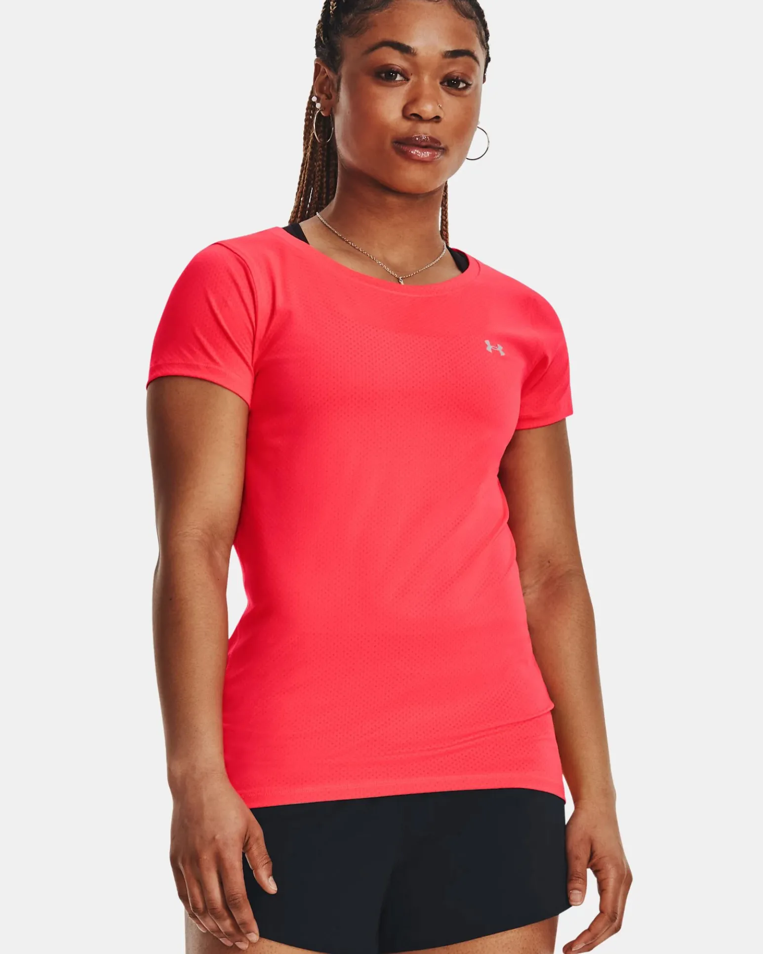 UNDER ARMOUR - T shirt da donna rossa in tessuto traspirante con logo bianco
