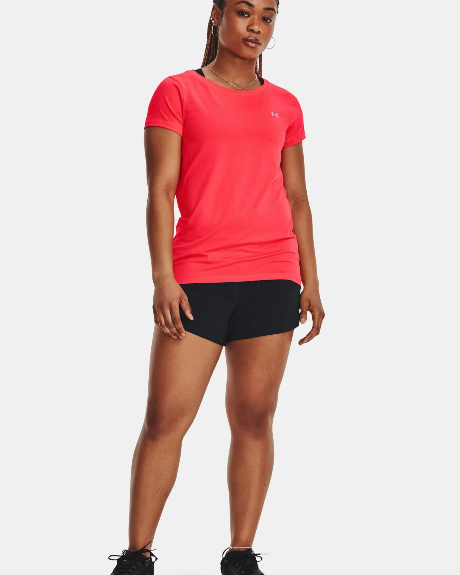 UNDER ARMOUR - T shirt da donna rossa in tessuto traspirante con logo bianco