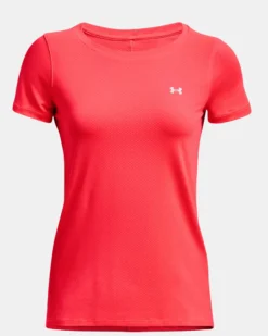 UNDER ARMOUR - T shirt da donna rossa in tessuto traspirante con logo bianco