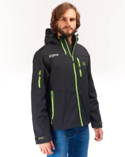 UNIVERS - GIACCA DA CACCIA MOENA NERA E VERDE LIME IN SOFTSHELL IMPERMEABILE
