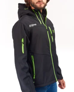 UNIVERS - GIACCA DA CACCIA MOENA NERA E VERDE LIME IN SOFTSHELL IMPERMEABILE