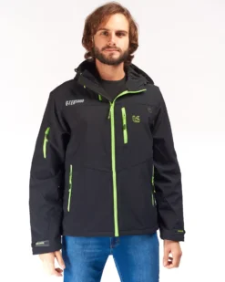 UNIVERS - GIACCA DA CACCIA MOENA NERA E VERDE LIME IN SOFTSHELL IMPERMEABILE