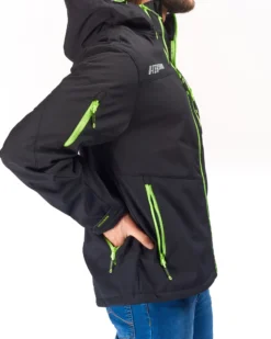 UNIVERS - GIACCA DA CACCIA MOENA NERA E VERDE LIME IN SOFTSHELL IMPERMEABILE